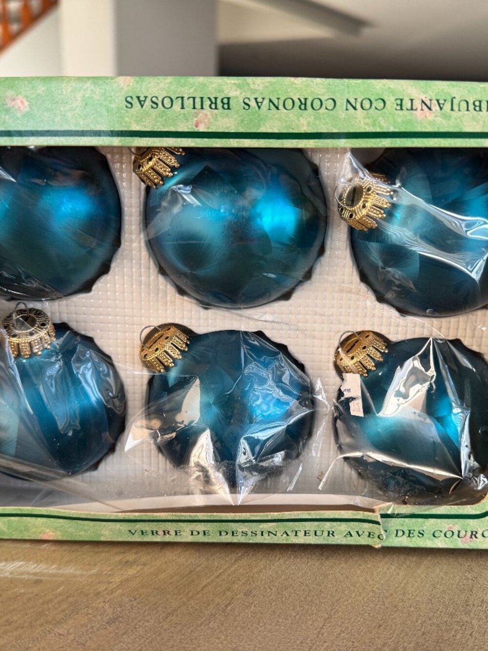 Vtg Christmas By Krebs Blue Topaz Jewel Glass Ornaments Set of 6 Crown Caps Box